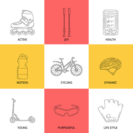 Set of vector outline icons with bicycle and accessories.のイラスト素材