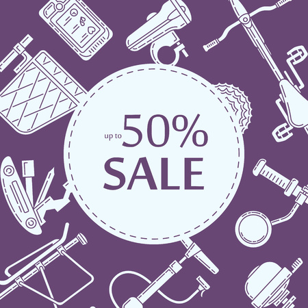 Advertising banner design for bicycle spare parts and accessories sale. Active lifestyle promotional square background. Perfect for discount, seasonal sale, special offer design.のイラスト素材