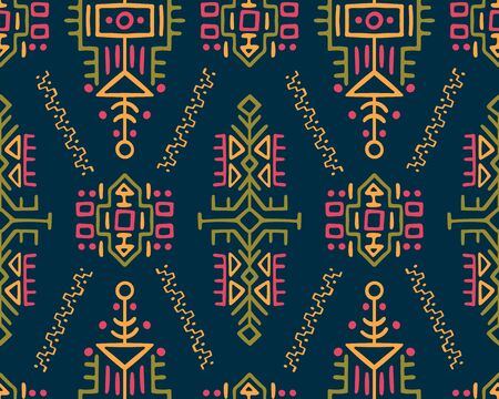 Vector Seamless Pattern in Ethnic Style. Trendy hand drawn boho tile. Creative tribal endless ornament, perfect for textile design, wrapping paper, wallpaper or site background.のイラスト素材