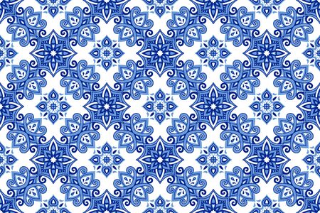 Azulejos ceramic tile design. Talavera tracery motif. Unique creative endless fill swatch. Portuguese, Spanish, Mexican, Brazilian folklore ornament. Ethnic style vector hand drawn seamless pattern.のイラスト素材