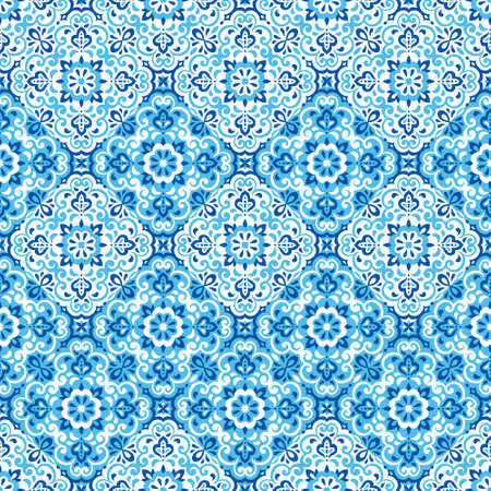 Azulejos ceramic tile design. Talavera tracery motif. Unique creative endless fill swatch. Portuguese, Spanish, Mexican, Brazilian folklore ornament. Ethnic style vector hand drawn seamless pattern.のイラスト素材