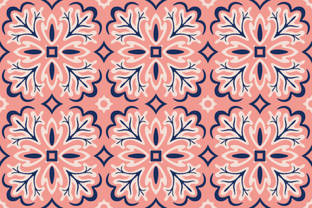 Azulejos ceramic tile design. Talavera tracery motif. Unique creative endless fill swatch. Portuguese, Spanish, Mexican, Brazilian folklore ornament. Ethnic style vector hand drawn seamless pattern.のイラスト素材