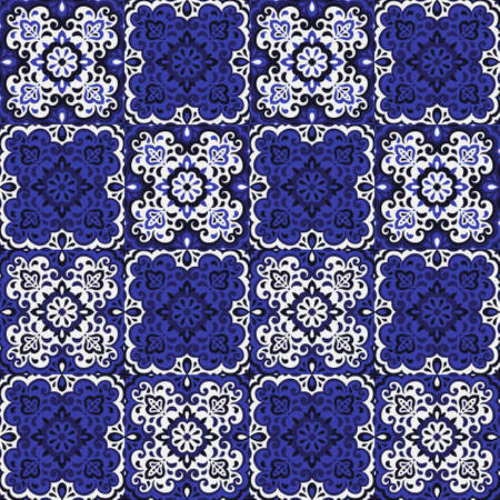 Azulejos ceramic tile design. Talavera tracery motif. Unique creative endless fill swatch. Portuguese, Spanish, Mexican, Brazilian folklore ornament. Ethnic style vector hand drawn seamless pattern.のイラスト素材