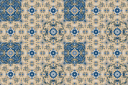 Azulejos ceramic tile design. Talavera tracery motif. Unique creative endless fill swatch. Portuguese, Spanish, Mexican, Brazilian folklore ornament. Ethnic style vector hand drawn seamless pattern.のイラスト素材