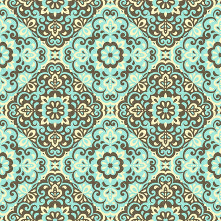 Azulejos ceramic tile design. Talavera tracery motif. Unique creative endless fill swatch. Portuguese, Spanish, Mexican, Brazilian folklore ornament. Ethnic style vector hand drawn seamless pattern.のイラスト素材