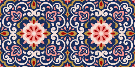 Azulejos ceramic tile design. Talavera tracery motif. Unique creative endless fill swatch. Portuguese, Spanish, Mexican, Brazilian folklore ornament. Ethnic style vector hand drawn seamless pattern.のイラスト素材