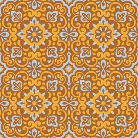 Azulejos ceramic tile design. Talavera tracery motif. Unique creative endless fill swatch. Portuguese, Spanish, Mexican, Brazilian folklore ornament. Ethnic style vector hand drawn seamless pattern.のイラスト素材