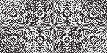 Azulejos ceramic tile design. Talavera tracery motif. Unique creative endless fill swatch. Portuguese, Spanish, Mexican, Brazilian folklore ornament. Ethnic style vector hand drawn seamless pattern.のイラスト素材
