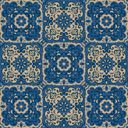 Azulejos ceramic tile design. Talavera tracery motif. Unique creative endless fill swatch. Portuguese, Spanish, Mexican, Brazilian folklore ornament. Ethnic style vector hand drawn seamless pattern.のイラスト素材