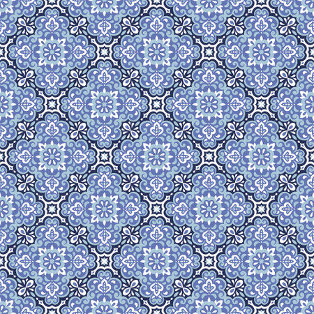 Azulejos ceramic tile design. Talavera tracery motif. Unique creative endless fill swatch. Portuguese, Spanish, Mexican, Brazilian folklore ornament. Ethnic style vector hand drawn seamless pattern.のイラスト素材
