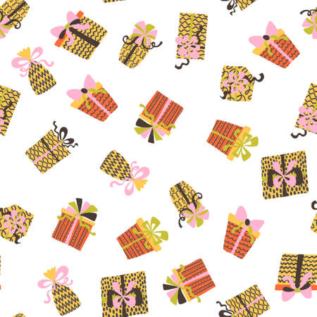 Christmas gift vector seamless pattern. Tile with hand drawn present. Perfect for wrapping paper, covering and other design.のイラスト素材