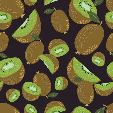 Vector seamless pattern with hand drawn kiwifruit on black background. Perfect for textile wrapping paper wallpaper package and other endless fill designのイラスト素材