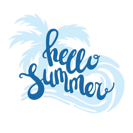 Creative vector illustration of lettering hello summer with ocean wave and palm tree. Decorative blue text isolated on white background. Hand written phrase Hello Summer.のイラスト素材