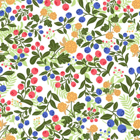 Colourful hand drawn northern wild berries vector seamless pattern. Saturated cloudberry blueberry and cowberry endless illustration. Swatch design with forrest berriesのイラスト素材