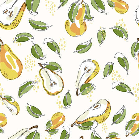 Colorful hand drawn pear vector seamless pattern. Vibrant summer tile. Continuous line pear illustration. Fresh fruit on white background for endless fill. Bright seamless pattern.のイラスト素材