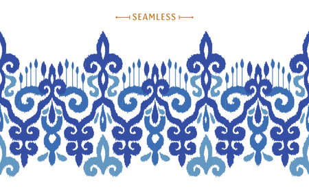 Creative ikat vector seamless border. Ethnic style divider. Uzbek modern ornament. Asian traditional tracery design. Modern ikat endless border.のイラスト素材