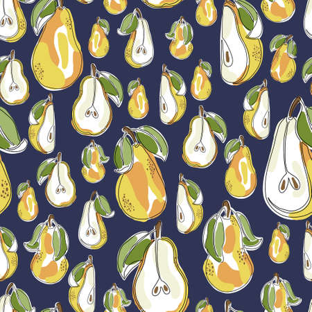 Colorful hand drawn pear vector seamless pattern. Vibrant summer tile. Continuous line pear illustration. Fresh fruit on dark blue background for endless fill. Bright seamless pattern.のイラスト素材