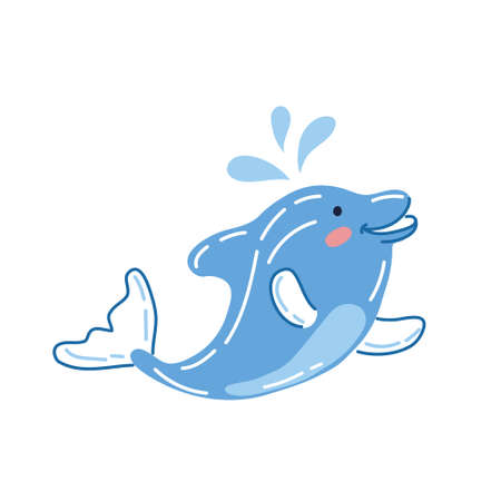 Cute cartoon dolphin isolated on white background. Hand drawn vector illustration of sea mammal. Joyful jumping dolphin with drops. Summer vacation. Sea fun illustrationのイラスト素材