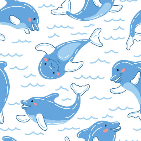 Cute joyful childish dolphin vector seamless pattern. Pretty sea mammal endless fill design. Hand drawn cartoon dolphin play in the sea. Kids seamless pattern. Happy cubs on white background.のイラスト素材
