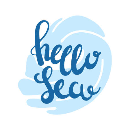 Creative vector illustration of lettering hello sea with ocean wave. Decorative blue text and wave isolated on white background. Hand written phrase Hello Sea.のイラスト素材