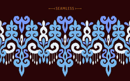 Creative ikat vector seamless border. Ethnic style divider. Uzbek modern ornament. Asian traditional tracery design. Modern ikat endless border.のイラスト素材