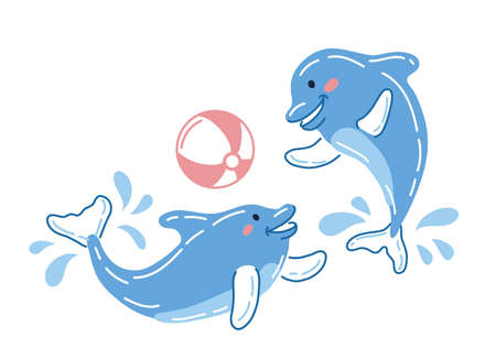 Cute cartoon dolphin isolated on white background. Hand drawn vector illustration of sea mammal. Joyful jumping dolphin with drops. Summer vacation. Sea fun illustrationのイラスト素材