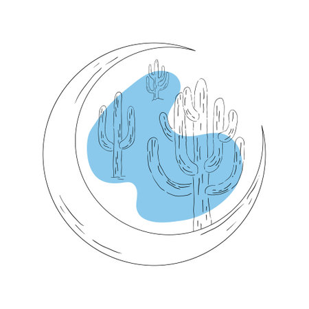 Desert vibes minimal line art print. Hand drawn linear moon and saguaro cactus with abstract blue shape. Vector isolated clip art of desert night.のイラスト素材