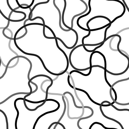 Teenage monochrome abstract vector seamless pattern. Trendy minimalist tile design with amoeba shapes lines on white background. Modern cloth and surface design.のイラスト素材