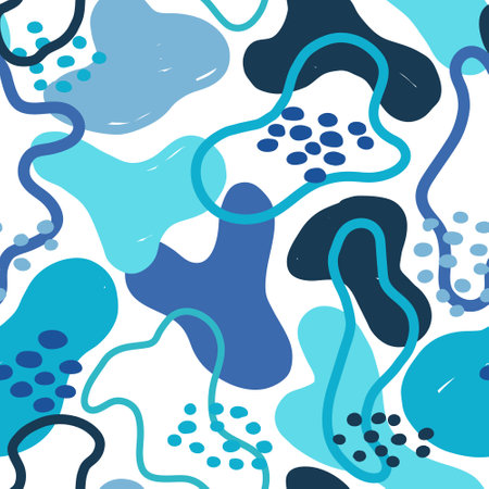 Cute colourful childish abstract vector seamless pattern. Trendy minimalist tile design with amoeba shapes line and dots on white background. Modern textile and surface design.のイラスト素材