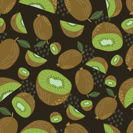 Vector seamless pattern with hand drawn kiwifruit on black background. Perfect for textile wrapping paper wallpaper package and other endless fill designのイラスト素材