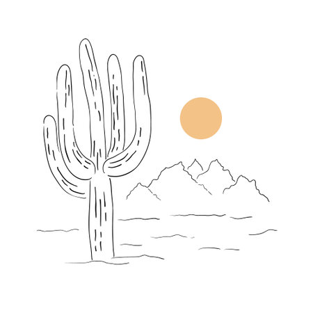 Black and white hand drawn saguaro cactus and mountains with orange sun . Desert vibes minimalist print. Line art vector illustration of American southwest .のイラスト素材