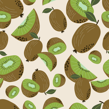 Vector seamless pattern with hand drawn kiwifruit on light background. Perfect for textile wrapping paper wallpaper package and other endless fill designのイラスト素材