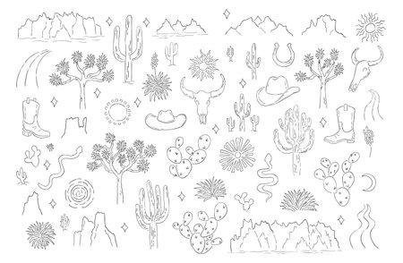 Black hand drawn set of desert elements. Cartoon collection of southwest american cactus and mountains. Vector isolated clipart of western illustrations on white backgroundのイラスト素材