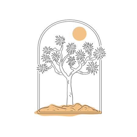 Black hand drawn Joshua tree vector illustration. Minimalist line art of yucca. Desert vibes line art print. Vector clip art of American southwest.のイラスト素材