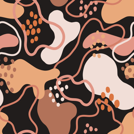 Abstract hand drawn vector seamless pattern. Trendy minimalistic seamless tile with amoeba shapes, lines and dots on dark background. Modern textile and surface design.のイラスト素材