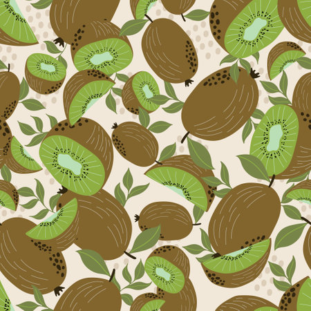 Vector seamless pattern with hand drawn kiwifruit on light background. Perfect for textile wrapping paper wallpaper package and other endless fill designのイラスト素材