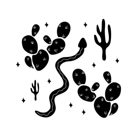 Desert vibes hand drawn T-shirt print. Silhouette black and white art of southwest american and mexican cactuses with snake. Vector isolated clipart of snake, saguaro and opuntia on white background.のイラスト素材