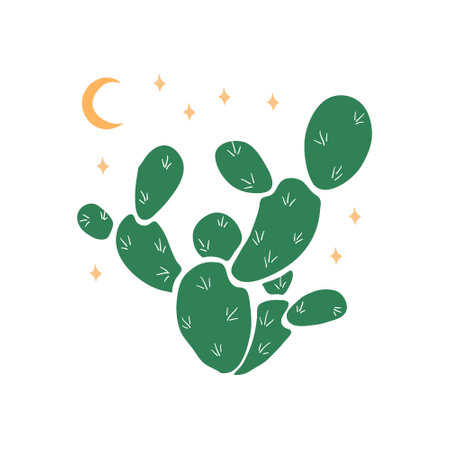 Desert vibes hand drawn T-shirt print. Colorful cartoon art of southwest american and mexican cactus with moon and stars. Vector isolated clipart of opuntia illustration on white background.のイラスト素材