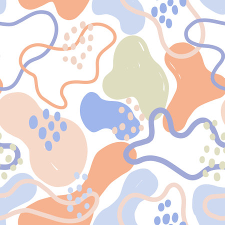 Cute colourful childish abstract vector seamless pattern. Trendy minimalist tile design with amoeba shapes line and dots on white background. Modern cloth and surface design.のイラスト素材
