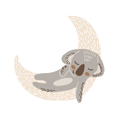 Cute cartoon sleeping koala cub hand drawn vector art. Childish t-shirt print design with australian marsupial bear sleep on moon. Adorable dreaming koala vector clipart isolated on white background.のイラスト素材