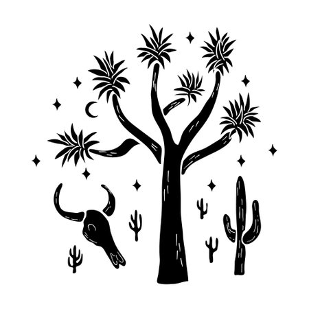 Desert vibes hand drawn T-shirt print. Silhouette black and white art of Joshua tree, saguaro, buffalo skull and moon with stars. Vector isolated clip art on white background.のイラスト素材