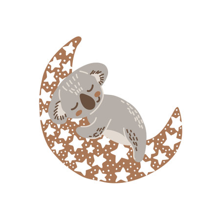 Cartoon sleeping koala cub hand drawn vector art. Childish t-shirt print design with australian marsupial bear sleep on moon with stars. Dreaming koala vector clipart isolated on white background.のイラスト素材