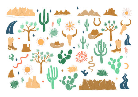 Colorful hand drawn set of desert elements. Cartoon collection of southwest american cactus and mountains. Vector isolated clipart of western illustrations on white backgroundのイラスト素材