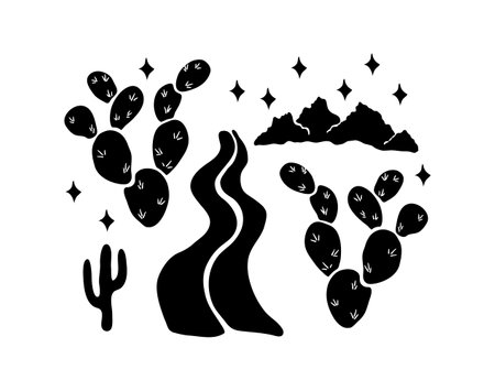 Hand drawn desert landscape. Silhouette black and white art or road, mountains, cactus and stars. Desert vibes vector illustration. T-shirt print design.のイラスト素材