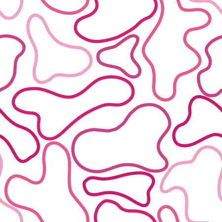 Pink colourful abstract vector seamless pattern. Trendy minimalist tile design with amoeba shapes and lines on white background. Modern cloth and surface design.のイラスト素材