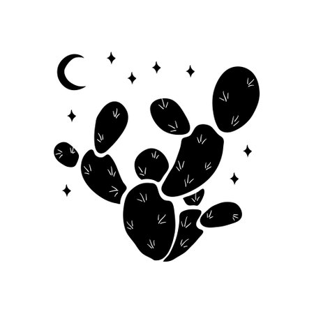 Desert vibes hand drawn T-shirt print. Silhouette black and white art of southwest american and mexican cactus with moon and stars. Vector isolated clipart of opuntia illustration on white background.のイラスト素材