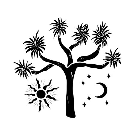 Desert vibes hand drawn T-shirt print. Silhouette black and white art of Joshua tree, sun and moon with stars. Vector isolated clip art of desert day and night on white background.のイラスト素材