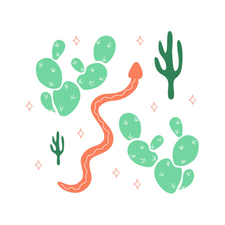 Desert vibes hand drawn T-shirt print. Colorful cartoon art of southwest american and mexican cactuses with snake. Vector isolated clipart of snake, saguaro and opuntia on white background.のイラスト素材