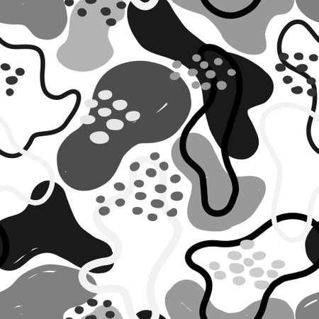 Cute monochrome childish abstract vector seamless pattern. Trendy minimalist tile design with amoeba shapes line and dots on white background. Modern textile and surface design.のイラスト素材