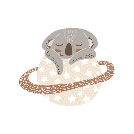 Cartoon sleeping koala cub hand drawn vector art. Childish t-shirt print design with australian marsupial bear sleep on planet with stars. Dreaming koala vector clipart isolated on white background.のイラスト素材